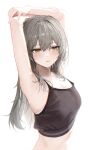 1girl absurdres armpits arms_up black_tank_top commentary_request grey_hair hidulume highres honkai:_star_rail honkai_(series) long_hair looking_to_the_side midriff simple_background solo stelle_(honkai:_star_rail) sweat tank_top trailblazer_(honkai:_star_rail) upper_body white_background yellow_eyes 
