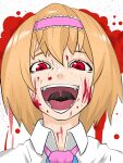  1girl absurdres alice_margatroid american_psycho asha blood blood_on_face blood_splatter capelet collared_capelet commentary_request cookie_(touhou) frilled_hairband frills hair_between_eyes hairband highres hinase_(cookie) laughing looking_at_viewer medium_bangs necktie open_mouth parody pink_hairband pink_necktie portrait red_eyes short_hair smile solo touhou uvula white_background white_capelet 