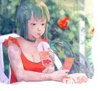  1girl amachu_a aqua_hair bag black_choker blue_eyes bob_cut breasts bubble_tea bulma chair choker cleavage commentary cup disposable_cup dragon_ball dragon_ball_z dress drinking drinking_glass english_commentary flower handbag highres holding holding_cup medium_breasts medium_hair reading red_dress red_nails solo table upper_body 
