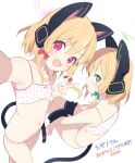  2girls :d animal_ear_headphones animal_ears bare_shoulders blonde_hair blue_archive blush bow bow_bra bra cat_ear_headphones cat_ears cat_tail fake_animal_ears green_eyes hair_between_eyes halo headgear headphones headset highres long_hair looking_at_viewer medium_hair midori_(blue_archive) momoi_(blue_archive) multiple_girls open_mouth outstretched_arm outstretched_hand panties polka_dot polka_dot_bow polka_dot_bra polka_dot_panties reaching reaching_towards_viewer second-party_source selfie siblings simple_background sisters smile supershiruco tail twins underwear underwear_only undressing v white_bra white_panties 