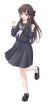  1girl :d absurdres animification black_bow black_footwear black_hair black_sailor_collar black_serafuku black_shirt black_skirt blush bow brown_eyes clenched_hands commentary_request full_body hair_bow half_updo hands_up highres kan_kanna leg_up loafers long_hair long_sleeves looking_at_viewer medium_skirt neckerchief open_mouth pleated_skirt real_life sailor_collar school_uniform serafuku shirt shoes simple_background skirt smile socks solo standing standing_on_one_leg tachi-e white_background white_neckerchief white_socks yutuki_ame 