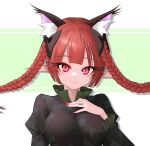  1girl absurdres animal_ear_fluff animal_ears black_bow black_dress blunt_bangs bow braid breasts cat_ears cat_girl closed_mouth commentary_request dress drop_shadow eyelashes eyeshadow floating_hair green_background hair_bow hand_on_own_chest hand_up happy highres juliet_sleeves kaenbyou_rin large_breasts light_blush lips long_hair long_sleeves looking_at_viewer makeup nail_polish pointy_ears puffy_sleeves red_eyes red_hair red_nails simple_background slit_pupils smile solo sugar_you touhou tsurime twin_braids two-tone_background white_background 