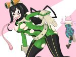  2girls absurdres asha ashido_mina ass asui_tsuyu black_eyes black_hair black_thighhighs bodysuit boku_no_hero_academia breasts colored_skin commentary_request feet_out_of_frame fur_collar gloves green_bodysuit highres large_breasts long_hair long_tongue looking_down medium_bangs medium_breasts multiple_girls nipples open_mouth pink_background pink_hair pink_skin running solo_focus thighhighs tongue torn_bodysuit torn_clothes two-tone_background white_background white_gloves 