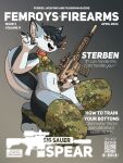 anthro assault_rifle camo canid canine clothing collar cover english_text femboy gun hi_res legwear magazine_cover male mammal marcus_gray ranged_weapon rifle solo stockings text weapon