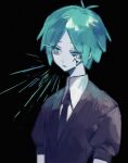  1other black_background black_jacket black_necktie collared_shirt cracked_skin green_eyes green_hair half-closed_eye houseki_no_kuni jacket necktie open_mouth phosphophyllite shirt short_hair simple_background takenaka_(takenaka1111) upper_body white_shirt 