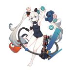  1girl alternate_costume animal_ears arm_pouch armpits arrow_(symbol) artist_request bag bare_arms bare_legs black_collar black_one-piece_swimsuit blue_eyes breasts cable collar covered_navel detached_collar evelyn_(final_gear) fake_animal_ears final_gear floating floating_object full_body hair_ornament hair_tie highres holding_doughnut knees leg_up light_blush long_hair looking_at_viewer mecha_musume new_school_swimsuit no_shoes official_art one-piece_swimsuit open_mouth pale_skin school_swimsuit sidelocks simple_background small_breasts solo stuffed_animal stuffed_toy swimsuit tachi-e third-party_source transparent_background twintails very_long_hair white_hair 