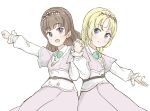  2girls :d blonde_hair blue_eyes bow bowtie brown_hair clenched_hand closed_mouth commentary_request dress fujishima_megumi green_bow green_bowtie grey_dress hairband highres holding_hands interlocked_fingers layered_sleeves link!_like!_love_live! long_hair long_sleeves looking_at_viewer love_live! low_twintails milk_(love_live!) mira-cra_park! multiple_girls official_alternate_costume official_alternate_hairstyle open_hand open_mouth osawa_rurino parted_bangs purple_eyes short_over_long_sleeves short_sleeves simple_background smile split_mouth tazaki_masanobu twintails upper_body virtual_youtuber white_background white_hairband white_sleeves 