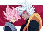  2boys armor baby_(dragon_ball) black_bodysuit black_shirt blue_eyes bodysuit dragon_ball dragon_ball_gt dragon_ball_super from_side goku_black grey_eyes grey_tunic highres komesan_0212 looking_at_another male_focus mechanical_parts medium_hair multiple_boys no_eyebrows open_mouth pink_hair profile red_background shirt smile smirk spiked_hair super_saiyan super_saiyan_rose teeth trait_connection upper_body white_hair yellow_armor 