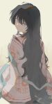  1girl black_hair blue_ribbon closed_mouth expressionless facing_away floral_print from_behind highres kashiwatoriniku long_hair looking_at_viewer looking_back original purple_eyes ribbon simple_background sitting solo very_long_hair wavy_hair white_background 