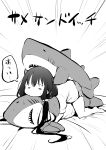  1girl absurdres airandou bed_sheet closed_eyes commentary emphasis_lines facing_viewer floral_print highres hugging_object long_hair low_twintails lying on_stomach original print_shorts shirt short_shorts short_sleeves shorts simple_background solo stuffed_animal stuffed_shark stuffed_toy symbol-only_commentary translation_request twintails very_long_hair white_background 