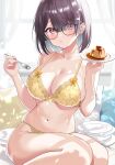  1girl :t blush bra breasts brown_hair food glasses highres holding holding_food indoors large_breasts motsunuki navel original panties pillow pink_eyes plate plump pout pudding short_hair sitting spoon stomach thick_thighs thighs underwear underwear_only yellow_bra yellow_panties 