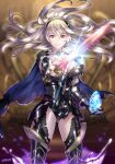  1girl 6nutqd2kwd0iqcl absurdres armor armored_leotard artist_name ascot black_armor black_hairband black_thighhighs blue_cape breasts brooch cape cleavage closed_mouth commentary corrin_(female)_(fire_emblem) corrin_(female)_(nohr_noble)_(fire_emblem) corrin_(fire_emblem) dragonstone english_commentary fire_emblem fire_emblem_fates fire_emblem_heroes floating_hair gem glowing glowing_sword glowing_weapon grey_hair hairband highres holding holding_sword holding_weapon jewelry large_breasts long_hair looking_at_viewer official_alternate_costume pointy_ears red_eyes solo sword thighhighs torn_cape torn_clothes weapon white_ascot yato_(fire_emblem) 