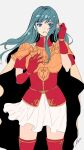  1girl aqua_eyes aqua_hair armor bracelet breastplate cape earrings eirika_(fire_emblem) fire_emblem fire_emblem:_the_sacred_stones gloves jewelry kazuha_(kazuha1003) long_hair looking_at_viewer parted_lips pauldrons red_gloves red_shirt red_thighhighs shirt short_sleeves shoulder_armor skirt solo thighhighs white_background white_skirt 