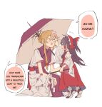  2girls :d ^_^ aged_down blonde_hair bow brown_hair child closed_eyes commentary detached_sleeves dress english_text flying_sweatdrops frilled_hair_tubes frills gohei hair_bow hair_tubes hakurei_reimu highres holding holding_gohei holding_umbrella long_hair looking_at_another multiple_girls open_mouth purple_tabard red_bow red_eyes red_skirt red_vest short_sleeves simple_background skirt smile squatting sweatdrop tabard threat tiptoes touhou umbrella vest white_background white_dress white_footwear white_sleeves wide_sleeves yakumo_yukari zy_(zyyyyyyy9) 