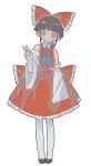  1girl absurdres alternate_legwear armpit_crease ascot back_bow backlighting bare_shoulders black_footwear black_hair blue_ascot blunt_bangs blush bow bright_pupils closed_mouth detached_sleeves frilled_bow frills full_body hair_bow hakurei_reimu hand_up head_tilt highres large_bow long_sleeves looking_at_viewer mary_janes medium_skirt muted_color pantyhose ponytail red_bow red_skirt red_vest ribbon-trimmed_sleeves ribbon_trim shoes sidelocks simple_background skirt skirt_set sleeves_past_fingers sleeves_past_wrists solo standing touhou uewtsol v vest white_background white_pantyhose white_pupils white_sleeves wide_sleeves wing_collar 