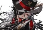  1boy black_hair black_hat boothill_(honkai:_star_rail) bullet earrings hair_over_one_eye hat hat_feather honkai:_star_rail honkai_(series) jewelry looking_at_viewer male_focus milluun multicolored_hair open_mouth red_eyes sharp_teeth solo split-color_hair teeth tongue tongue_out two-tone_hair white_background white_hair zipper 