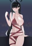  1girl absurdres bikini black_hair blue_archive blunt_bangs breasts cleavage hair_ornament halo highres holding holding_ribbon large_breasts long_hair looking_at_viewer lordol red_bikini red_eyes red_ribbon ribbon rio_(blue_archive) simple_background solo swimsuit very_long_hair 