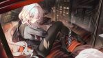  chain cityscape dress_shirt grey_eyes honkai_(series) honkai_impact_3rd lantern_(honkai_impact) no_shoes non-web_source on_bed pantyhose shirt torn_clothes torn_pantyhose white_hair 