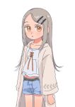  1girl camisole denim denim_shorts expressionless gakuen_idolmaster grey_hair hair_ornament hairclip hare_(tsooy18pjwdw21h) highres idolmaster jacket long_hair looking_at_viewer open_clothes open_jacket orange_eyes parted_lips shinosawa_hiro shorts simple_background sketch solo white_background white_camisole 