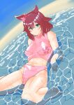  1girl absurdres alternate_costume animal_ears barefoot bikini blue_eyes breasts brown_hair closed_mouth commentary_request ear_ornament highres horse_ears horse_girl horse_tail medium_breasts medium_hair ocean outdoors partially_submerged pink_bikini sakura_chiyono_o_(umamusume) smile solo swimsuit tail tatsu_san umamusume water wet wet_clothes wet_swimsuit 