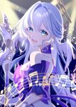  1girl aqua_eyes bare_shoulders ch1yo_(cy_ch1yo) detached_sleeves dress earrings facial_mark from_side gloves hair_between_eyes halo head_wings holding holding_staff honkai:_star_rail honkai_(series) jewelry long_hair looking_at_viewer musical_note open_mouth purple_dress robin_(honkai:_star_rail) short_sleeves smile solo staff standing upper_body wings 