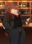  absurd_res anthro bar bulge canid canine canis clothing cocktail_glass container cup domestic_dog drinking_glass eyebrows fur glass glass_container glass_cup grey_body grey_fur hair hi_res jewelry kuraistars lifewonders male mammal musclegut muscular necklace pinstripe_pants pinstripe_suit pinstripes ponytail red_sclera scar shino_(tas) solo suit thick_eyebrows tokyo_afterschool_summoners 
