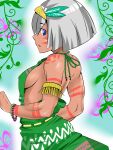  1girl absurdres arm_tattoo asatsuki_(cookie) asha blonde_hair blue_background blue_eyes bob_cut bracelet breasts commentary_request cookie_(touhou) cowboy_shot dark-skinned_female dark_skin dress expressionless facial_tattoo feather_hair_ornament feathers green_dress grey_hair hair_between_eyes hair_ornament highres jewelry konpaku_youmu looking_at_viewer looking_to_the_side medium_bangs medium_breasts open_mouth plant short_hair shoulder_tattoo sideboob sleeveless sleeveless_dress solo tattoo toned_female touhou vines 