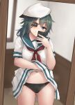  1girl absurdres ass_visible_through_thighs black_panties blush cellphone closed_mouth cowboy_shot eyepatch green_eyes green_hair green_sailor_collar hat highres holding holding_phone k_jie kantai_collection kiso_(kancolle) neckerchief panties peaked_cap phone pleated_skirt red_neckerchief sailor_collar short_hair short_sleeves skirt smartphone solo underwear white_hat white_skirt 