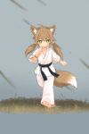  1girl absurdres ahoge animal_ear_fluff animal_ears barefoot belt black_belt bright_pupils chinese_commentary closed_mouth commentary_request dougi flying_sweatdrops fox_ears fox_girl fox_tail green_eyes grey_background highres kuma-bound low_twintails martial_arts_belt on_grass original pants running simple_background solo tail twintails white_pants white_pupils 