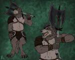 absurd_res anthro armor axe barbarian brown_body brown_fur canid canine canis celtos_kolbeck concept_art digitigrade dire_wolf eye_patch eyewear fur green_eyes hi_res kilt leather male mammal pauldron secrets_of_uncrom simple_background solo standing uncrom valtalska_dercas yenocwolf