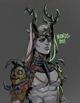  1boy abs antlers arm_tattoo bare_pectorals character_name closed_mouth colored_skin gorget grey_background grey_skin hades_(series) hades_2 highres horns long_hair looking_at_viewer male_focus manda_schank moros_(hades) nipples pectorals signature simple_background skull_pauldron solo tattoo toned toned_male upper_body white_hair 