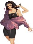  1girl absurdres bike_shorts black_hair black_tank_top blue_eyes breasts brown_hair fingernails hand_in_own_hair hand_in_pocket heart highres hood jacket jobin_chan long_hair looking_at_viewer medium_hair nico_robin off_shoulder one_piece original parted_lips petals pink_jacket shirt shorts simple_background solo standing tank_top white_background 