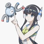  1girl absurdres asatte_3z bare_arms bare_shoulders black_hair blue_eyes breasts cleavage elesa_(pokemon) hand_up headphones highres index_finger_raised long_hair magnemite medium_breasts pokemon pokemon_(creature) pokemon_bw2 simple_background very_long_hair white_background 
