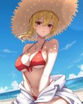  1girl as4gi beach bikini blonde_hair blue_sky breasts hat highres hololive hololive_indonesia jewelry kaela_kovalskia large_breasts looking_at_viewer navel necklace off_shoulder red_bikini red_eyes shirt sky solo straw_hat swimsuit virtual_youtuber white_shirt 
