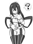  1girl :&gt; ? animal_on_head asha asui_tsuyu belt bodysuit boku_no_hero_academia breasts closed_mouth commentary_request cowboy_shot frog gloves greyscale hair_between_eyes hair_rings highres long_bangs long_hair looking_at_viewer low-tied_long_hair medium_breasts monochrome on_head pointing pointing_at_self simple_background solo spoken_question_mark white_background 