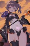  1girl alternate_costume animal_on_shoulder aqua_eyes ayaoshiro black_gloves black_panties black_shrug black_thighhighs black_tube_top breasts brown_hair cloud cloudy_sky commentary_request cowboy_shot crop_top frilled_sleeves frills from_below gloves glowing_tattoo gold_trim hair_ornament highres holding holding_staff hololive looking_at_viewer mahou_shoujo_holowitch! matsurisu natsuiro_matsuri navel one-piece_tan open_mouth orange_sky paid_reward_available panties pubic_tattoo side_ponytail single_thighhigh sky small_breasts smile solo staff stomach strapless tan tanlines tattoo teeth thighhighs thighs tube_top underwear upper_teeth_only v-shaped_eyebrows virtual_youtuber 