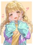  1girl blonde_hair blush braid fang fujita_kotone gakuen_idolmaster hair_ornament hairclip hands_on_own_cheeks hands_on_own_face heart highres idolmaster jacket long_hair looking_at_viewer open_clothes open_jacket open_mouth smile solo track_jacket twin_braids upper_body wari_sando 