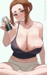  1girl alcohol bare_shoulders black_tank_top blush breasts brown_eyes brown_hair can drink_can grey_shorts hair_bun highres holding holding_can huge_breasts indian_style inverted_nipples kaii_to_otome_to_kamikakushi large_breasts looking_at_viewer mole mole_under_eye navel nipple_slip nipples ogawa_sumireko short_eyebrows short_shorts shorts simple_background sitting smile solo sports_bra tank_top thick_eyebrows zefrableu 