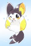  blue_background blush brown_fur choko_(sweetpocket) emolga full_body gradient_background heart highres looking_at_viewer multicolored_fur no_humans one_eye_closed open_mouth pokemon pokemon_(creature) smile solo tail white_background white_fur yellow_fur 