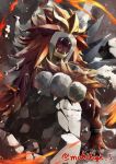  absurdres all_fours body_fur brown_fur debris entei fangs fire highres makihige no_humans pokemon pokemon_(creature) red_eyes slit_pupils twitter_username 