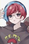  1girl asatte_3z blue_hair glasses grey_eyes grey_hoodie hand_up highres hood hood_down hoodie light_blue_hair multicolored_hair open_mouth penny_(pokemon) pokemon pokemon_sv red_hair round_eyewear short_hair simple_background solo two-tone_hair upper_body very_short_hair white_background 