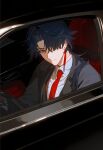 1boy black_hair blade_(honkai:_star_rail) car closed_mouth collared_shirt driving earrings hair_over_one_eye highres honkai:_star_rail honkai_(series) illix233 jewelry looking_at_viewer male_focus motor_vehicle necktie red_eyes red_necktie shirt solo suit white_shirt 