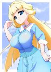  1girl blonde_hair blue_dress blue_eyes blue_sky blunt_bangs blunt_ends breasts casual cloud cloudy_sky collared_dress day dress half_updo hand_in_own_hair highres jewelry large_breasts long_hair long_sleeves looking_at_viewer necklace nekoyashiki_yuki outdoors precure ryuuta_(cure_ryuuta) sky solo standing very_long_hair wonderful_precure! 
