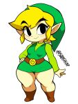  blonde_hair boots breasts clothing crossgender elf female footwear hair hat headgear headwear humanoid humanoid_pointy_ears hylian light_body light_skin looking_at_viewer mtf_crossgender nintendo not_furry shirt short_stack signature simple_background smile solo squishcap the_legend_of_zelda thick_thighs toon_link topwear tunic wind_waker 