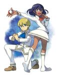  1boy 1girl bad_id bad_pixiv_id blonde_hair blue_eyes dark-skinned_female dark_skin dexio_(pokemon) full_body hk_(nt) holding holding_poke_ball looking_at_viewer on_one_knee open_mouth poke_ball poke_ball_(basic) pokemon pokemon_xy sina_(pokemon) skirt white_skirt 