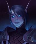  1girl absurdres armor artist_name black_hair blue_eyes blue_light commission dark_background eyeshadow glowing glowing_eyes halchroma highres horns light_smile lips looking_at_viewer makeup melrine_evershield nose parted_lips portrait short_hair shoulder_armor signature warcraft world_of_warcraft 