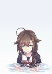  1girl ahoge alakoala black_serafuku blue_eyes braid brown_hair crying crying_with_eyes_open grey_background hair_between_eyes hair_flaps hair_ornament hair_over_shoulder hairclip highres kantai_collection long_hair neckerchief open_mouth red_neckerchief sad_smile school_uniform serafuku shigure_(kancolle) shigure_kai_ni_(kancolle) short_sleeves simple_background single_braid solo tears upper_body water white_background 