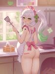  1girl absurdres apron ass big_belly cowboy_shot food frying_pan genshin_impact gradient_hair green_eyes green_hair hair_ornament highres holding holding_spatula indoors looking_at_viewer looking_back multicolored_hair nahida_(genshin_impact) naked_apron nozora_yuzu open_mouth pancake pancake_stack pointy_ears ponytail pregnant smile solo spatula white_apron white_hair 