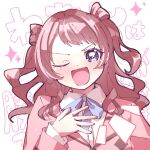  1girl blue_eyes blue_ribbon blush brown_hair gakuen_idolmaster hanami_saki hand_on_own_chest hatsuboshi_gakuen_school_uniform highres idolmaster jacket koriyukika032 long_hair looking_at_viewer neck_ribbon one_eye_closed open_mouth pink_jacket ribbon school_uniform smile smug solo upper_body 