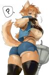 anthro bottomwear breasts canid canine clothed clothing female fingerless_gloves gloves handwear hi_res jacket mammal nia4294 shorts simple_background solo standing topwear white_background